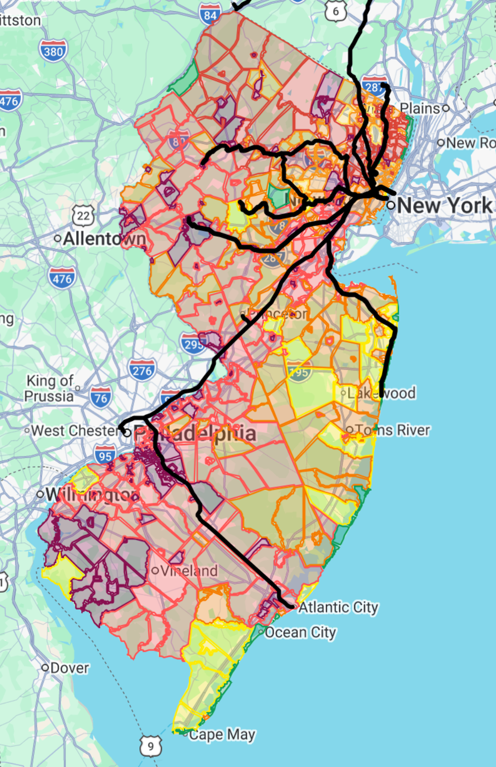 New Jersey commute route tradeoff map